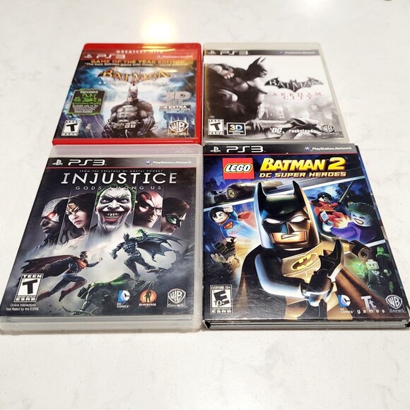 Batman PS3 Game Lot Of 4 Arkham City, Asylum, Injustice & Lego Batman 2 CIB EUC